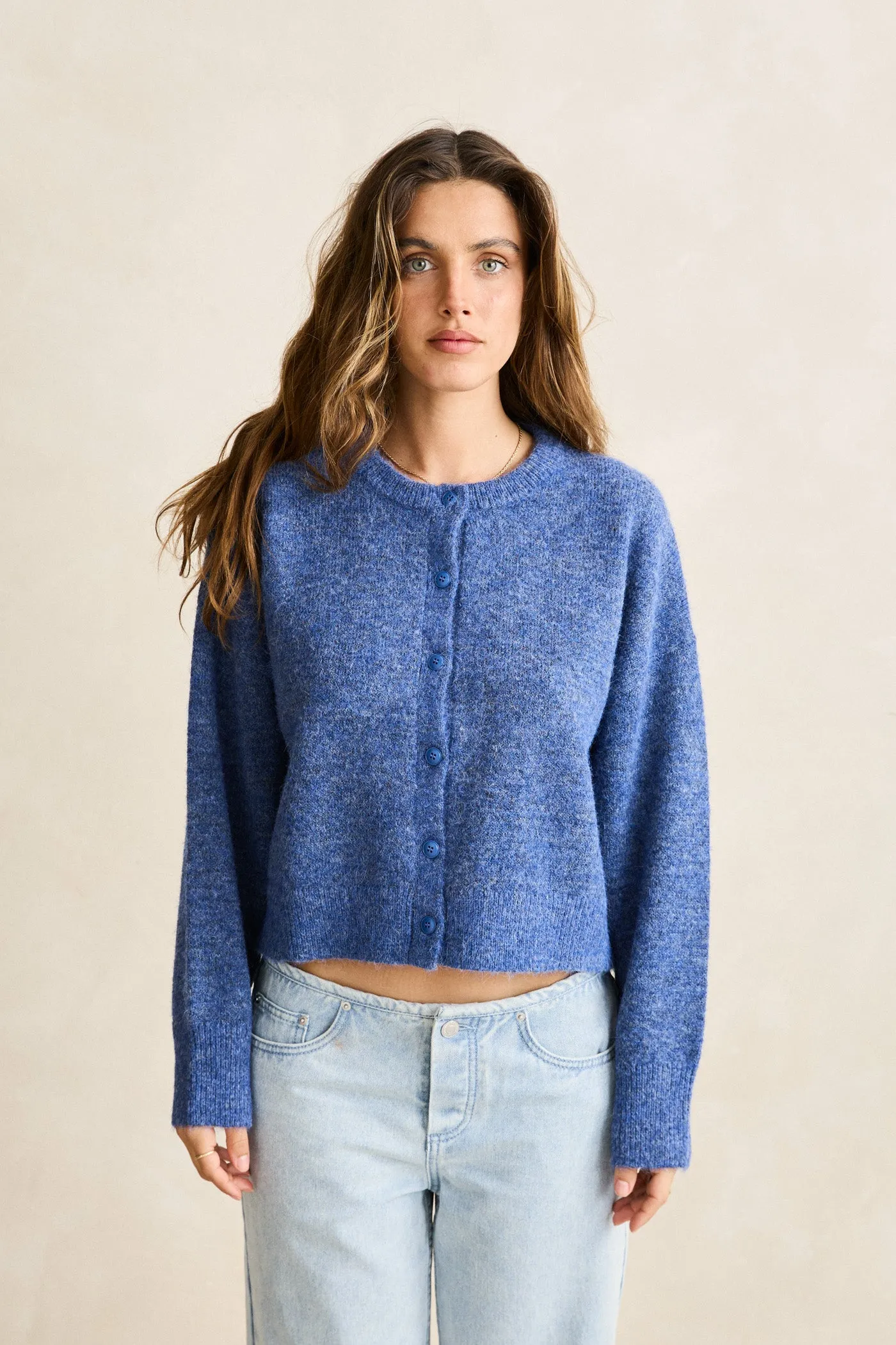Estelle Fluffy Knit Cardigan  Blue Interlock Weave