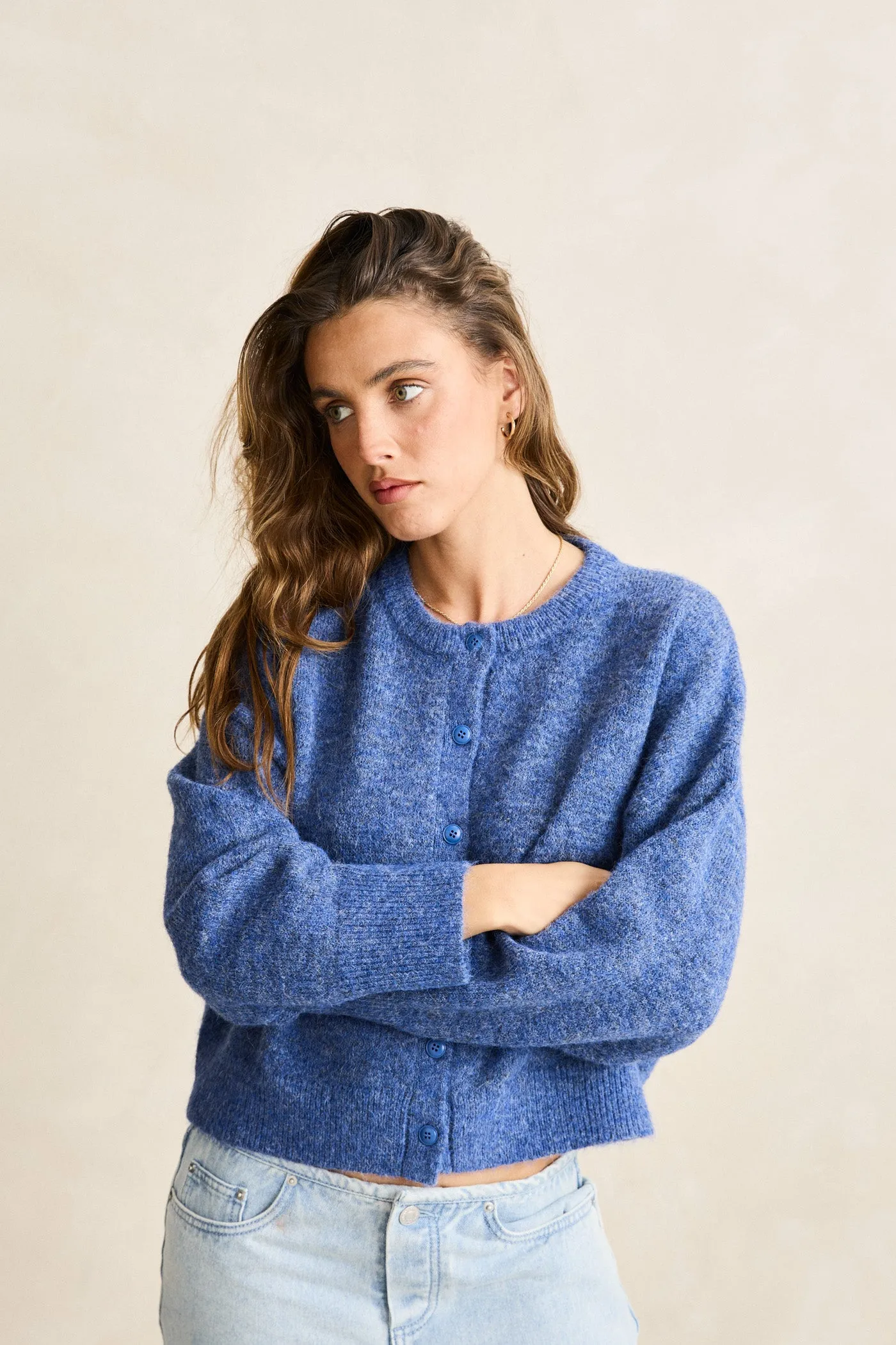 Layered Collar Option Estelle Fluffy Knit Cardigan  Blue