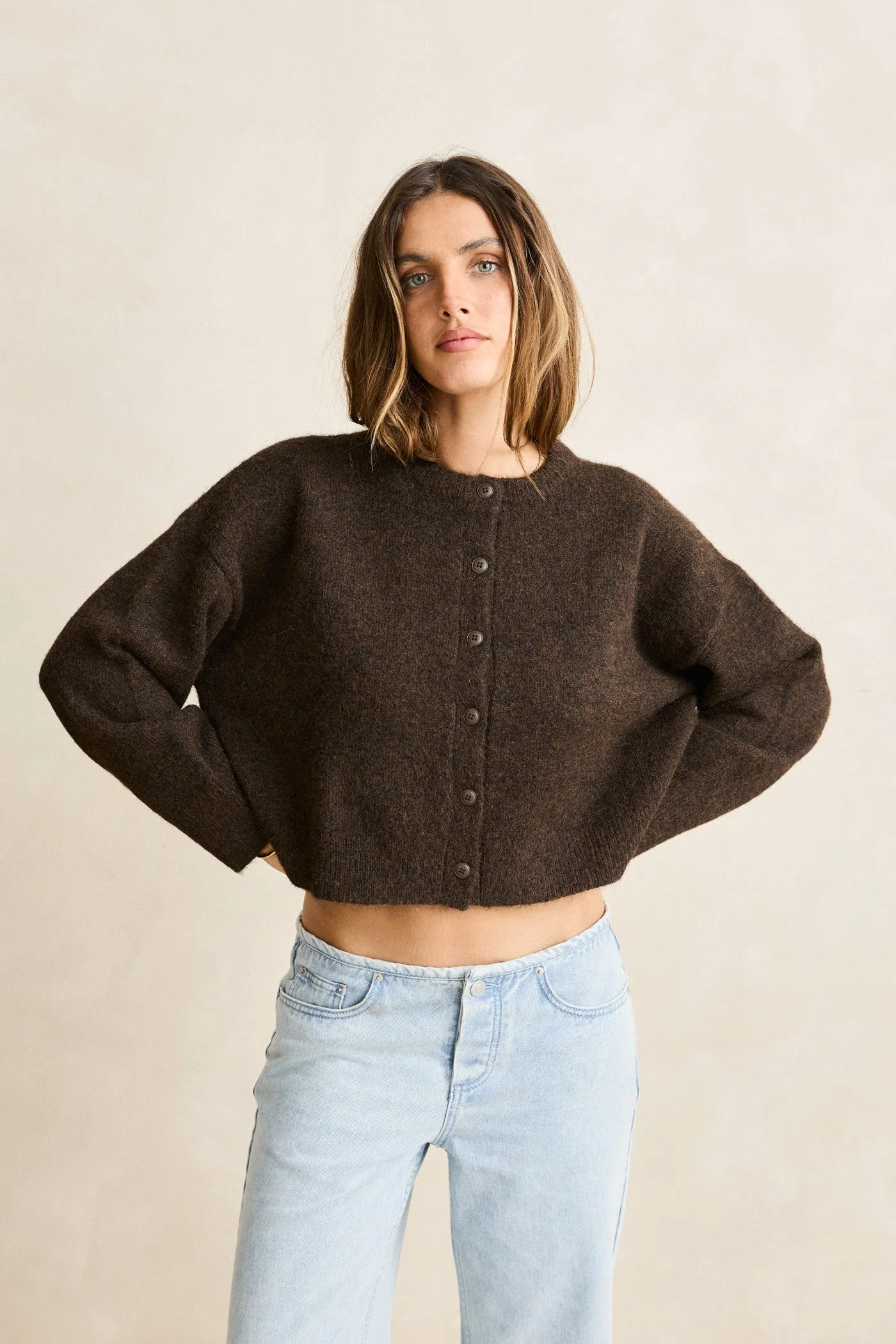 Estelle Fluffy Knit Cardigan  Chocolate Outdoor Casual Look Gentle Wash Process