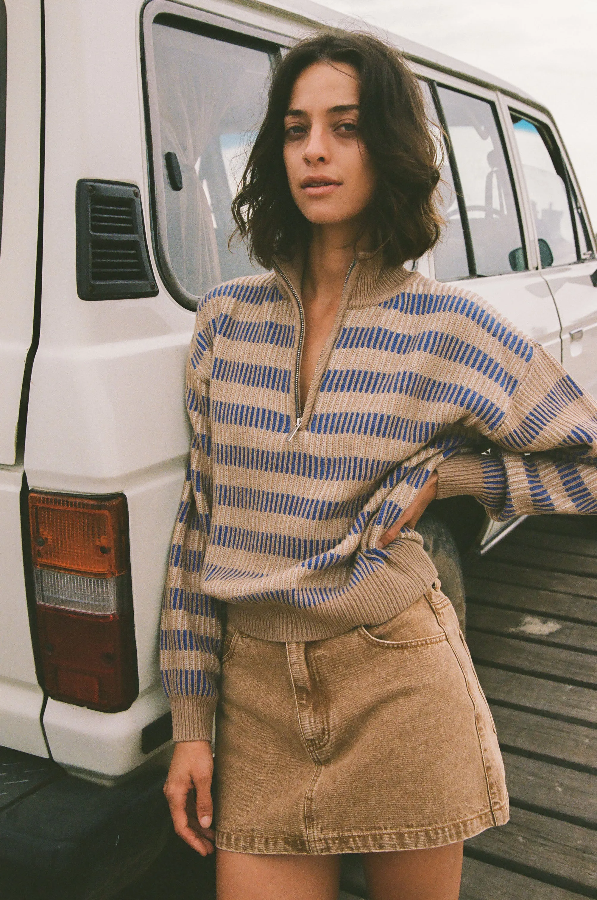 Estelle Quarter Zip Striped Knit Cobalt Thermal Regulation Layer