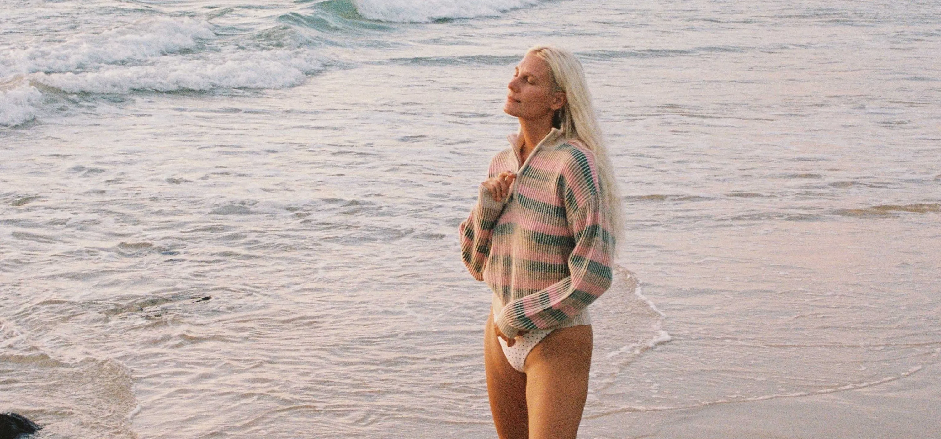 Estelle Quarter Zip Striped Knit Guava Relaxed Trend