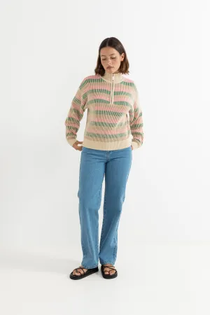 Estelle Quarter Zip Striped Knit Guava Daily Warmth