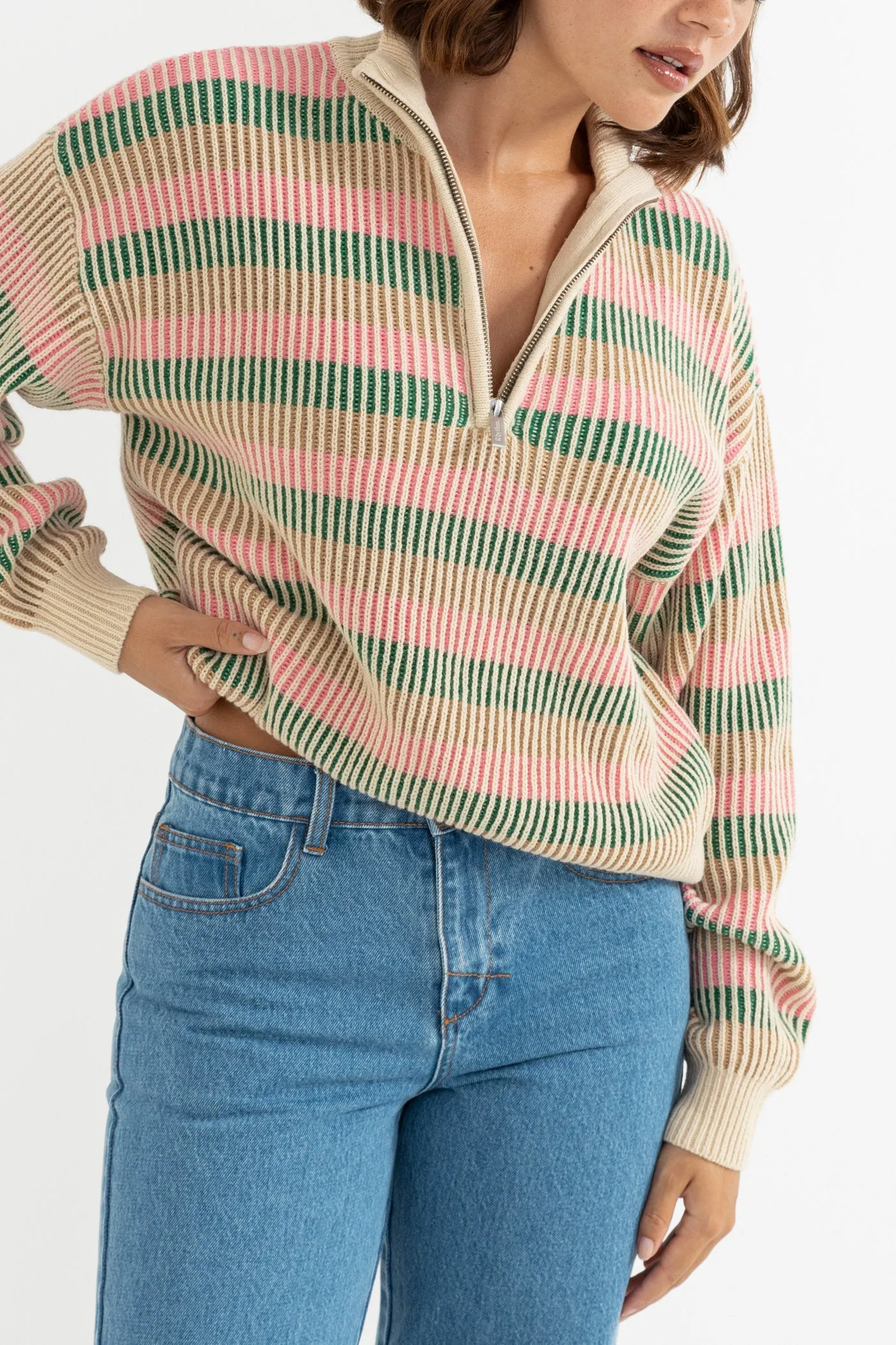 Estelle Quarter Zip Striped Knit Guava City Trend Layered Stitch Detail