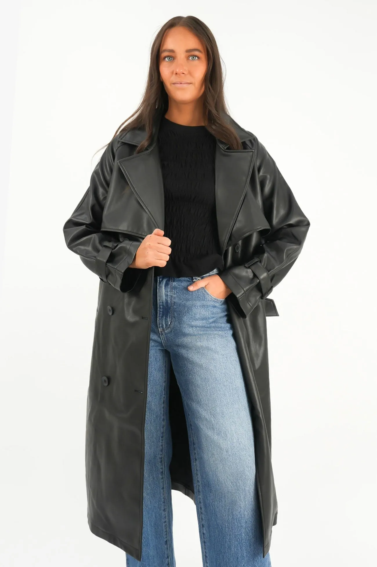 NonBulkyLayering Waist Belt Eve Luxe Trench Coat Black