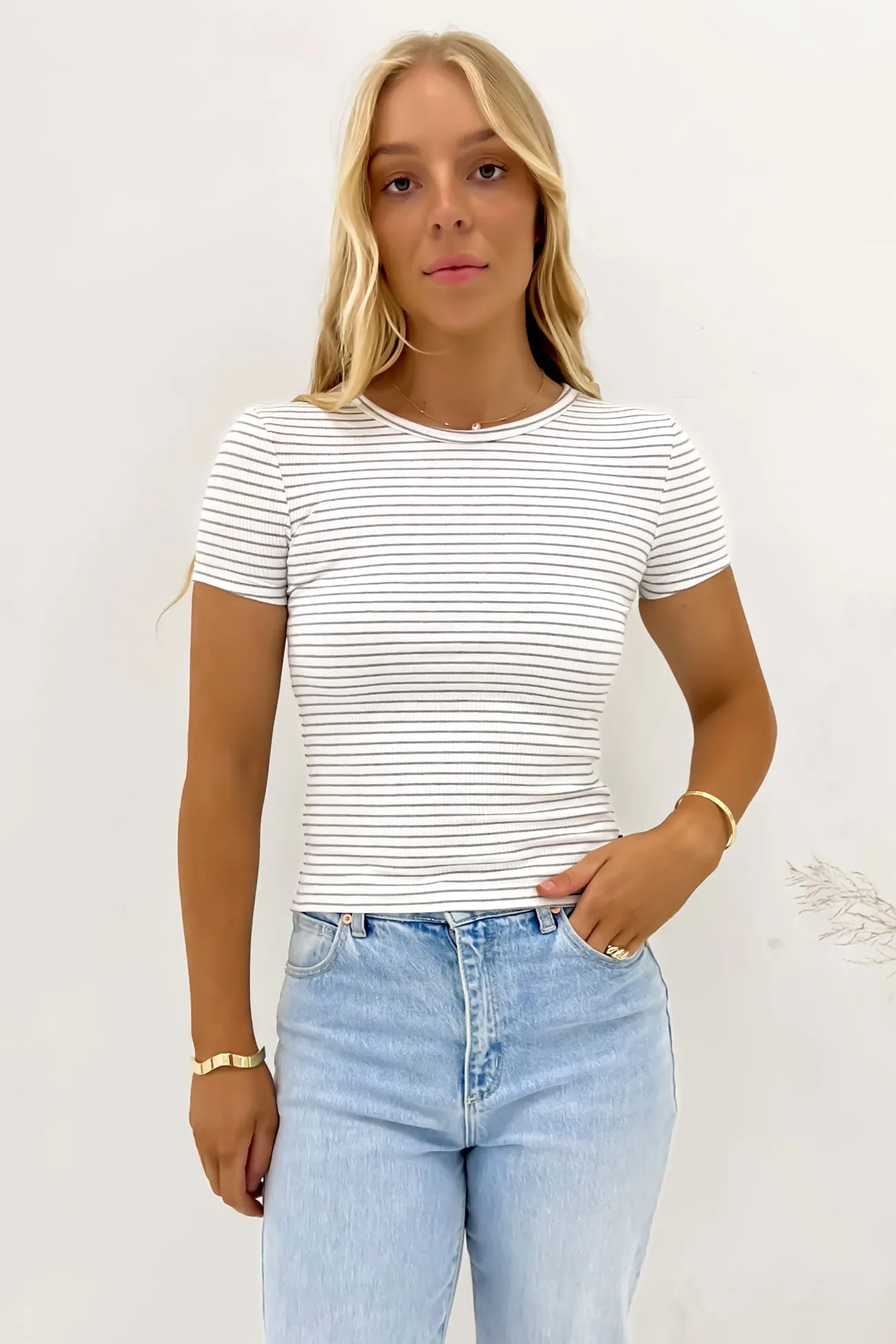 Relaxing Day Relaxed Armhole Cut Eve Rib Stripe Tee Grey Marle
