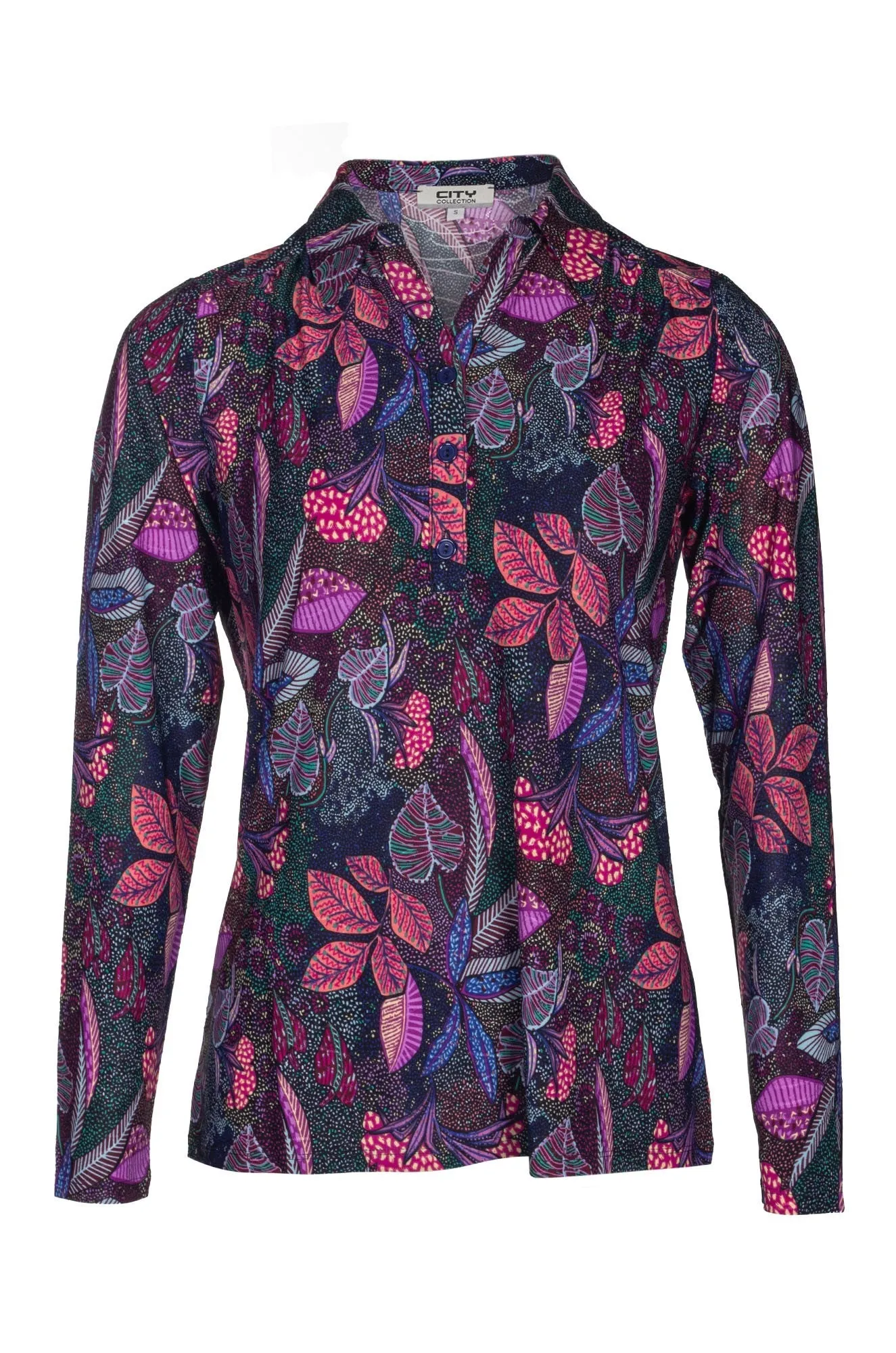 Smart Fit TaglessLabel Printed Slinky Polo Top | Purple Multi Garden | 7405B1