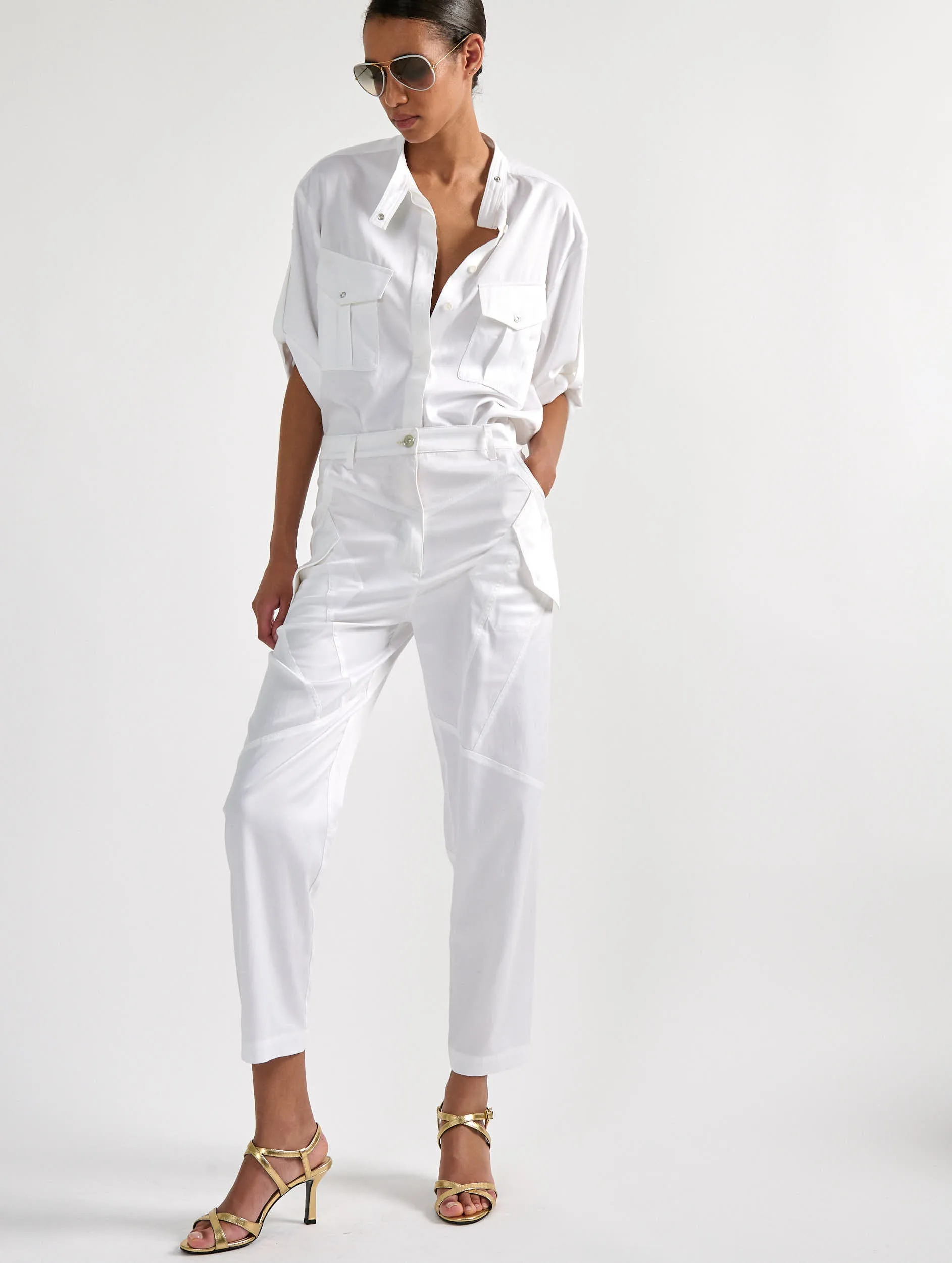 Breathable Layer White mercerised satin patch pocket shirt