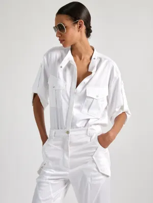 White mercerised satin patch pocket shirt Outdoor Fashion Light Wear
