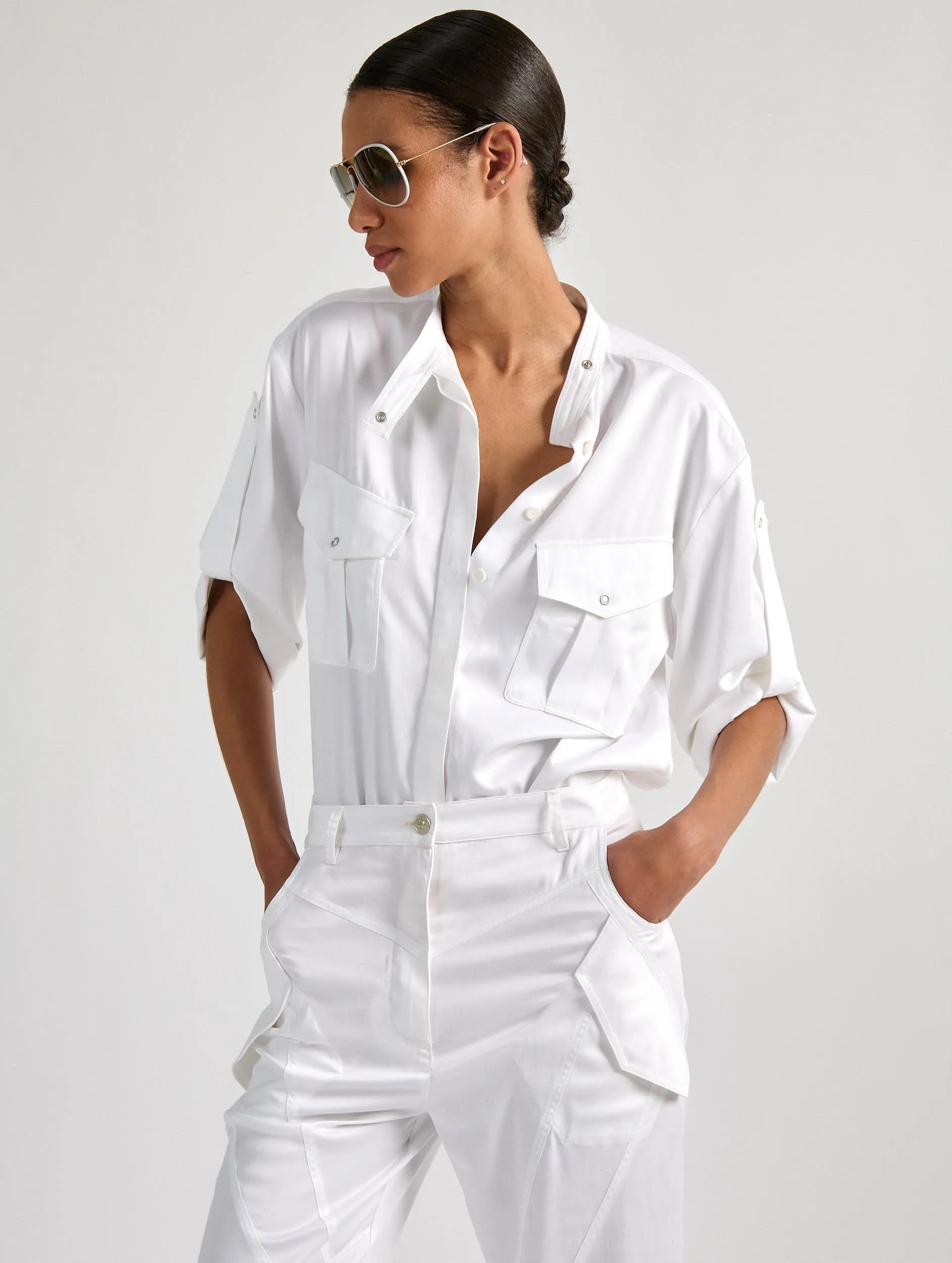 White mercerised satin patch pocket shirt Outdoor Fashion Light Wear