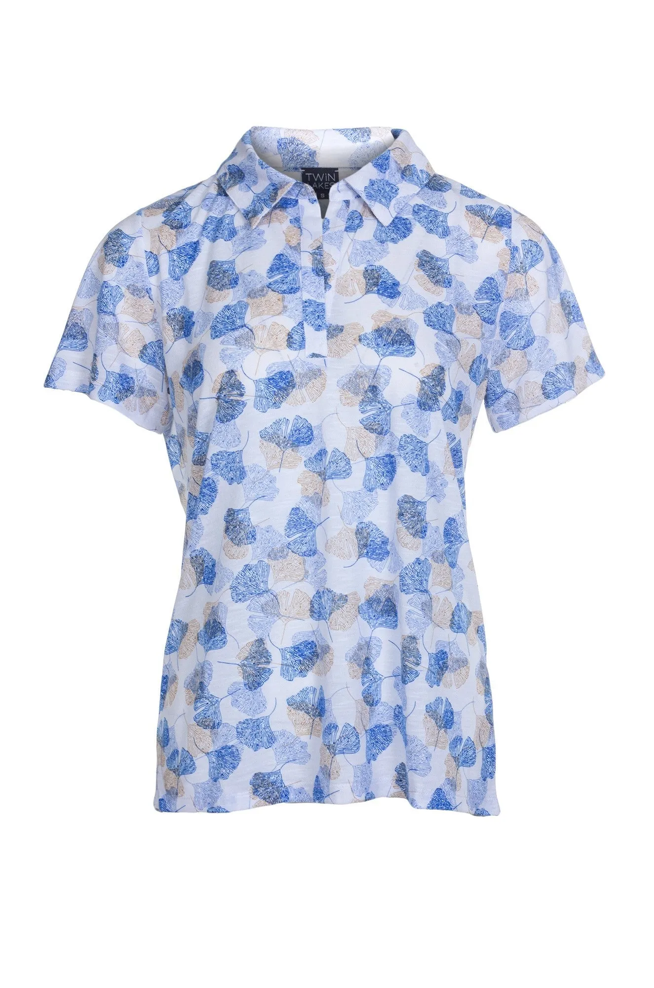 Office Mood Shine Mood Printed Poly Slub Top with collar | Marine Fan | 6744A1