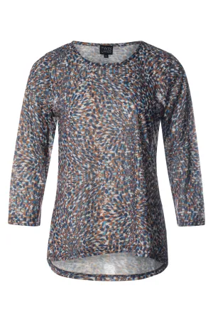 Flexible Apparel Glitter Glow Printed Top with hi low hemline | Blues Ginger Abstract | 6801BR