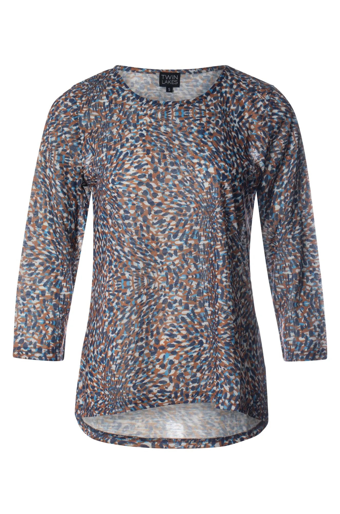 Flexible Apparel Glitter Glow Printed Top with hi low hemline | Blues Ginger Abstract | 6801BR