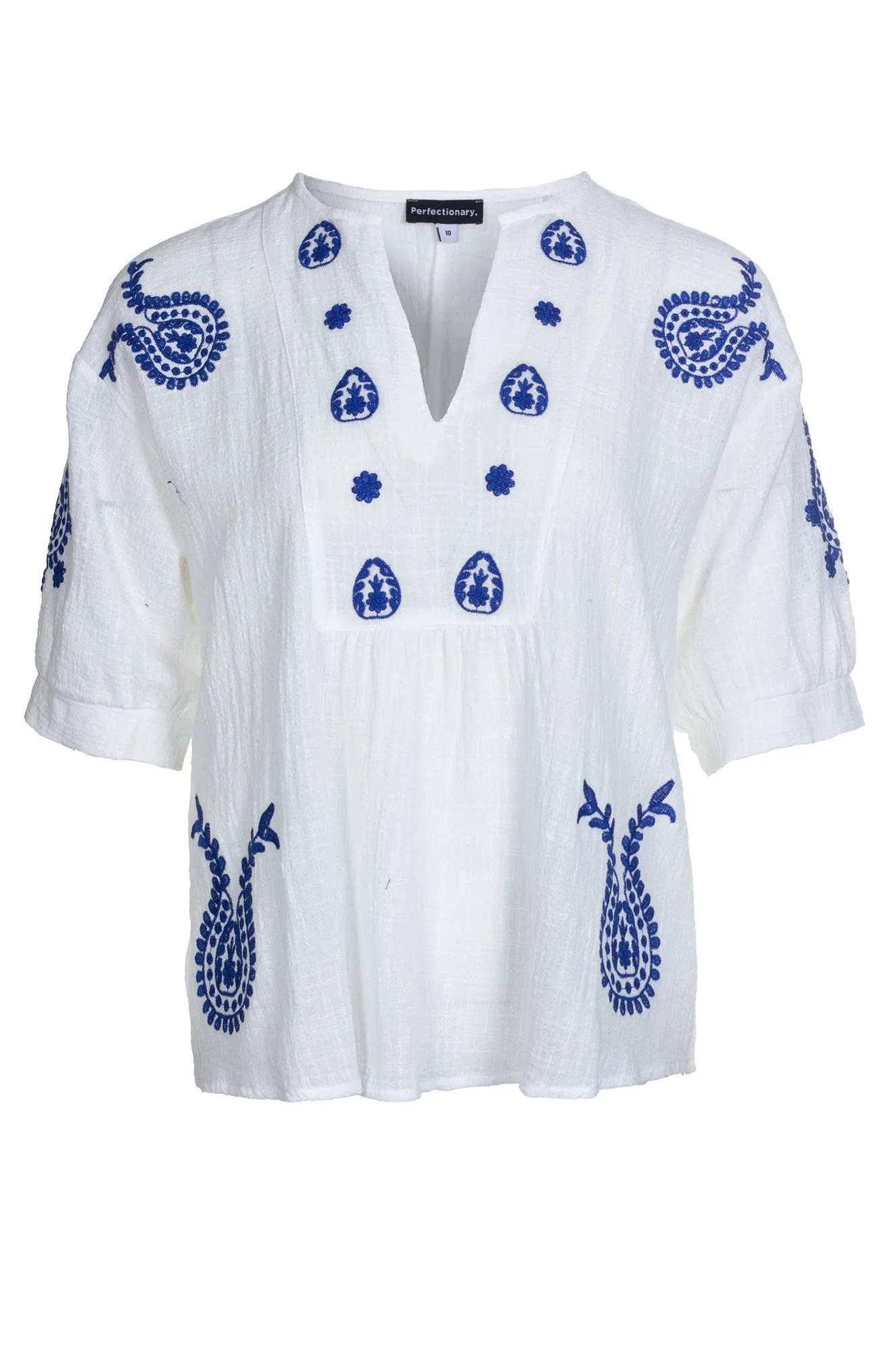 100% Cotton embroidered Top | White/Marine | 4663A1 Luxury Touch
