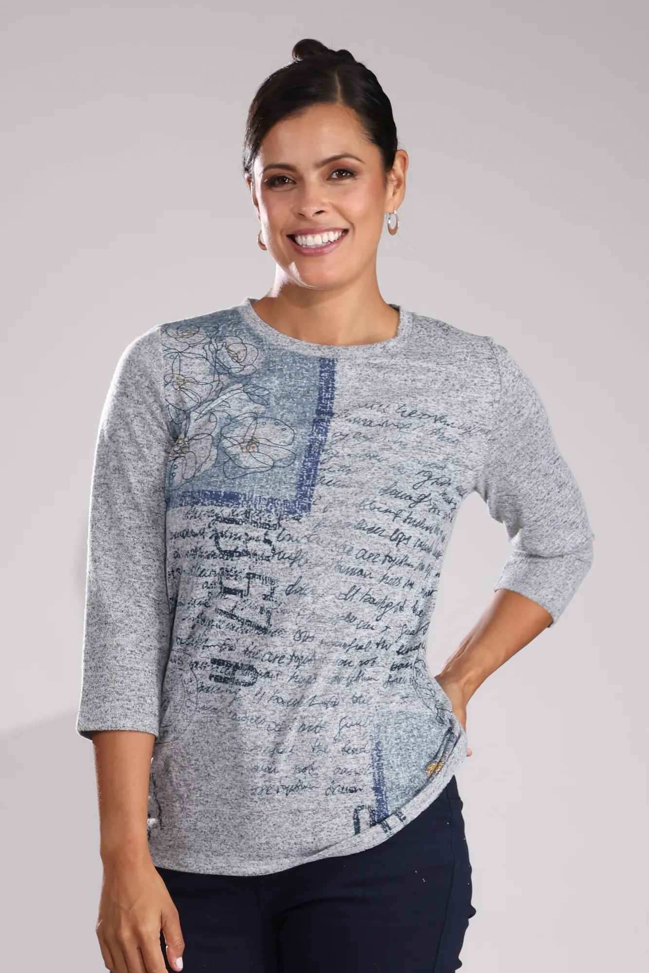 EcoDye Process Fancy Warm Touch Top | Blues Flower Text | 4393B1