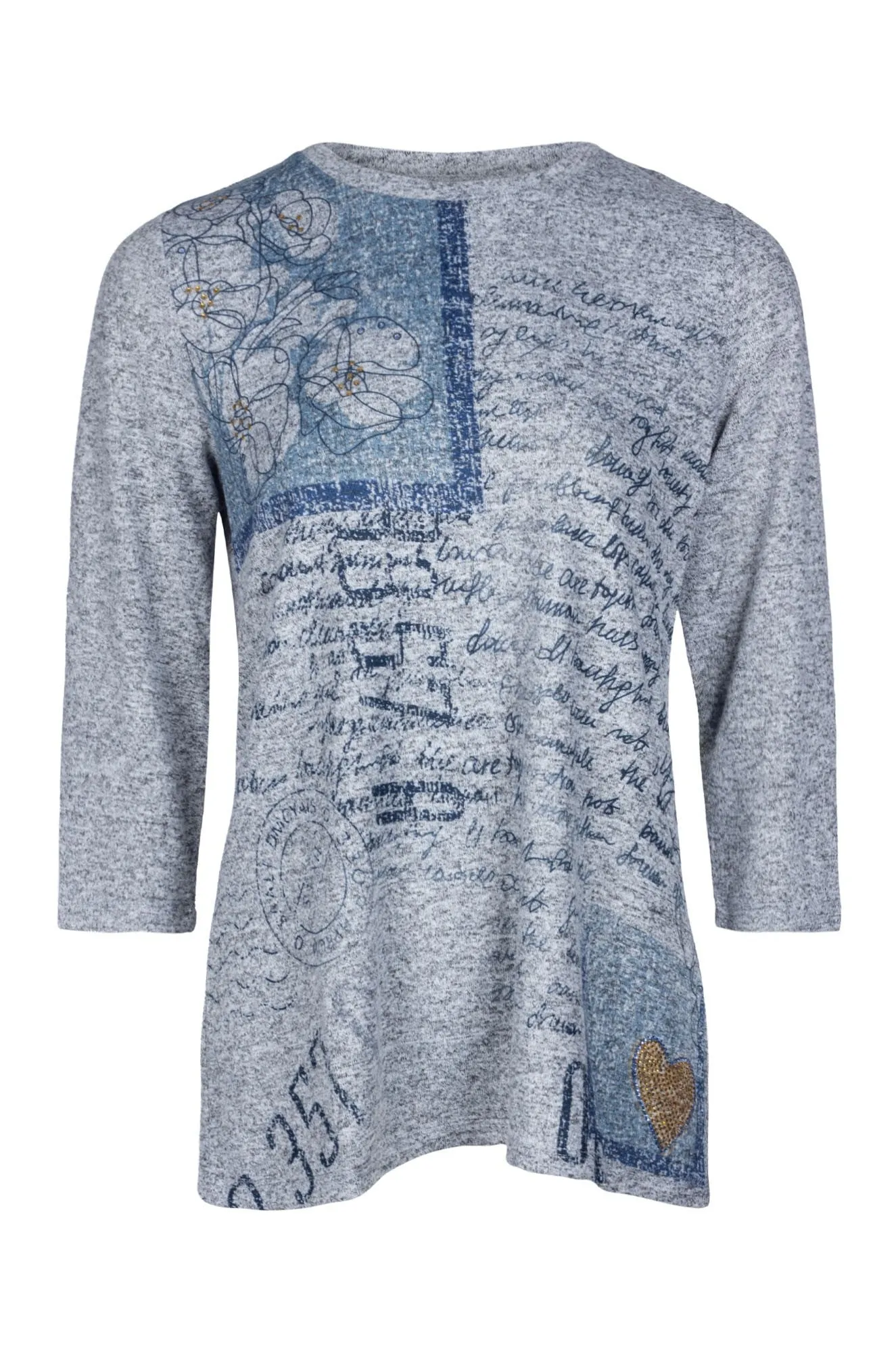 Skin Hug Fancy Warm Touch Top | Blues Flower Text | 4393B1