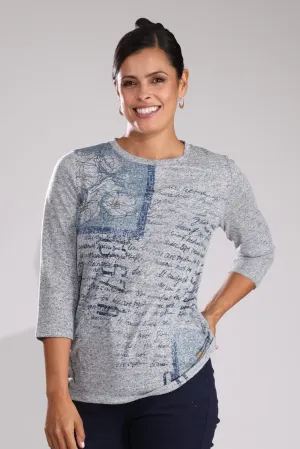 Smart Skirt Retro cool Fancy Warm Touch Top | Blues Flower Text | 4393B1