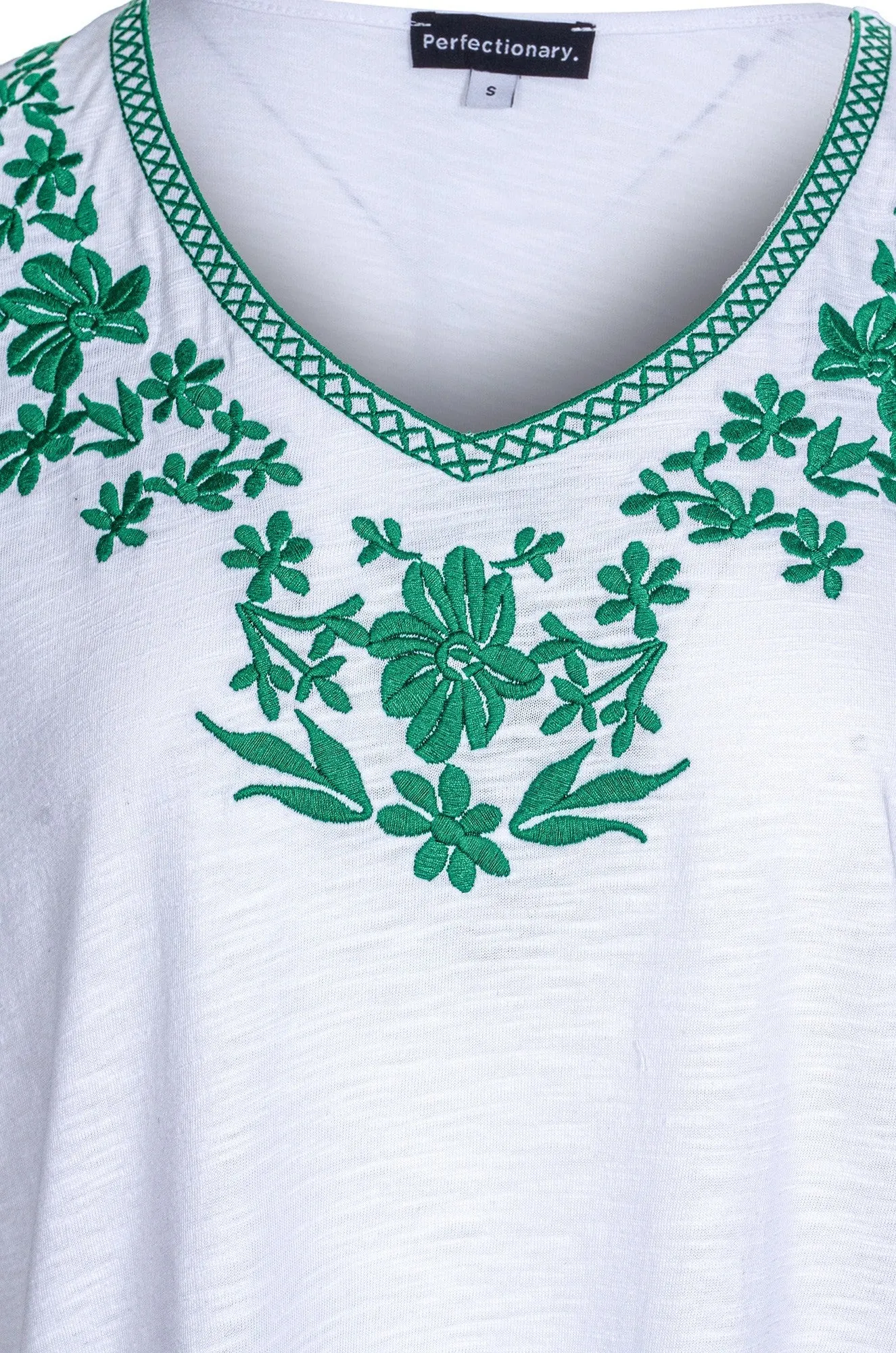 Embroidered Cotton Rich Top | Ivory/Green | 4683A1 Luxury Mood Smart Wear