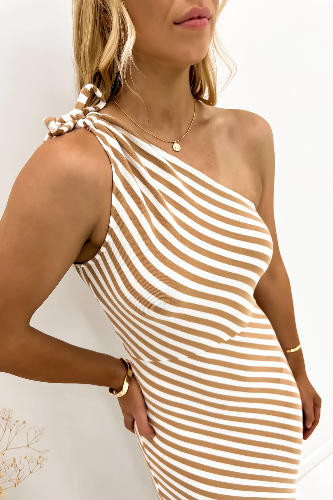 Ellis Maxi Dress Tan Stripe Front Ruffle PlushLining