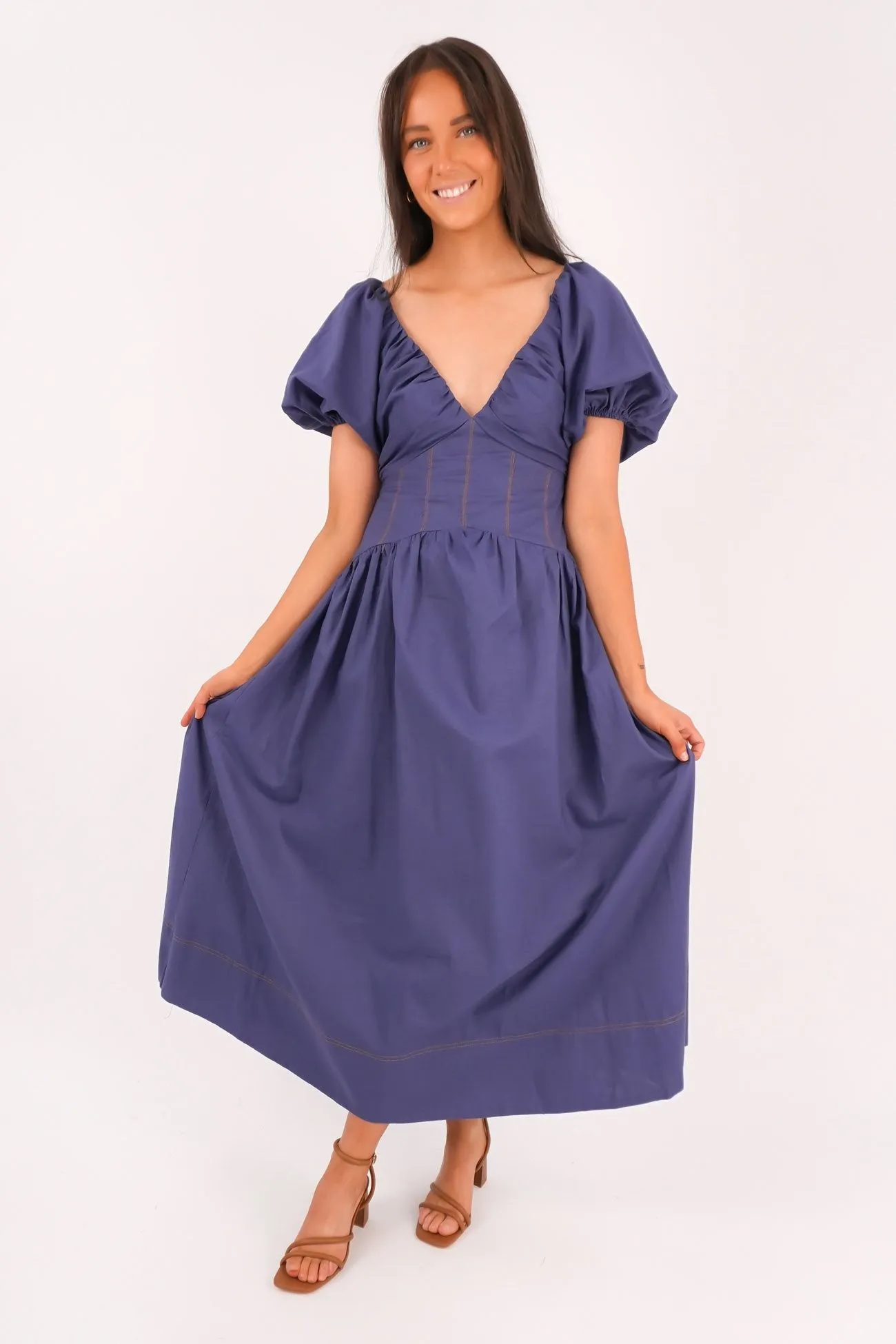 Fate Midi Dress Blue Satin Layers Smooth Look