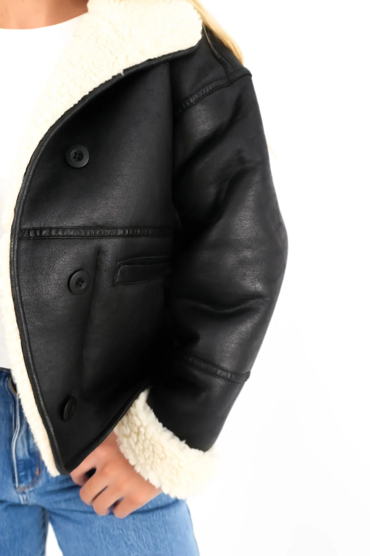 Faux Shearling Jacket Black Simple Outer