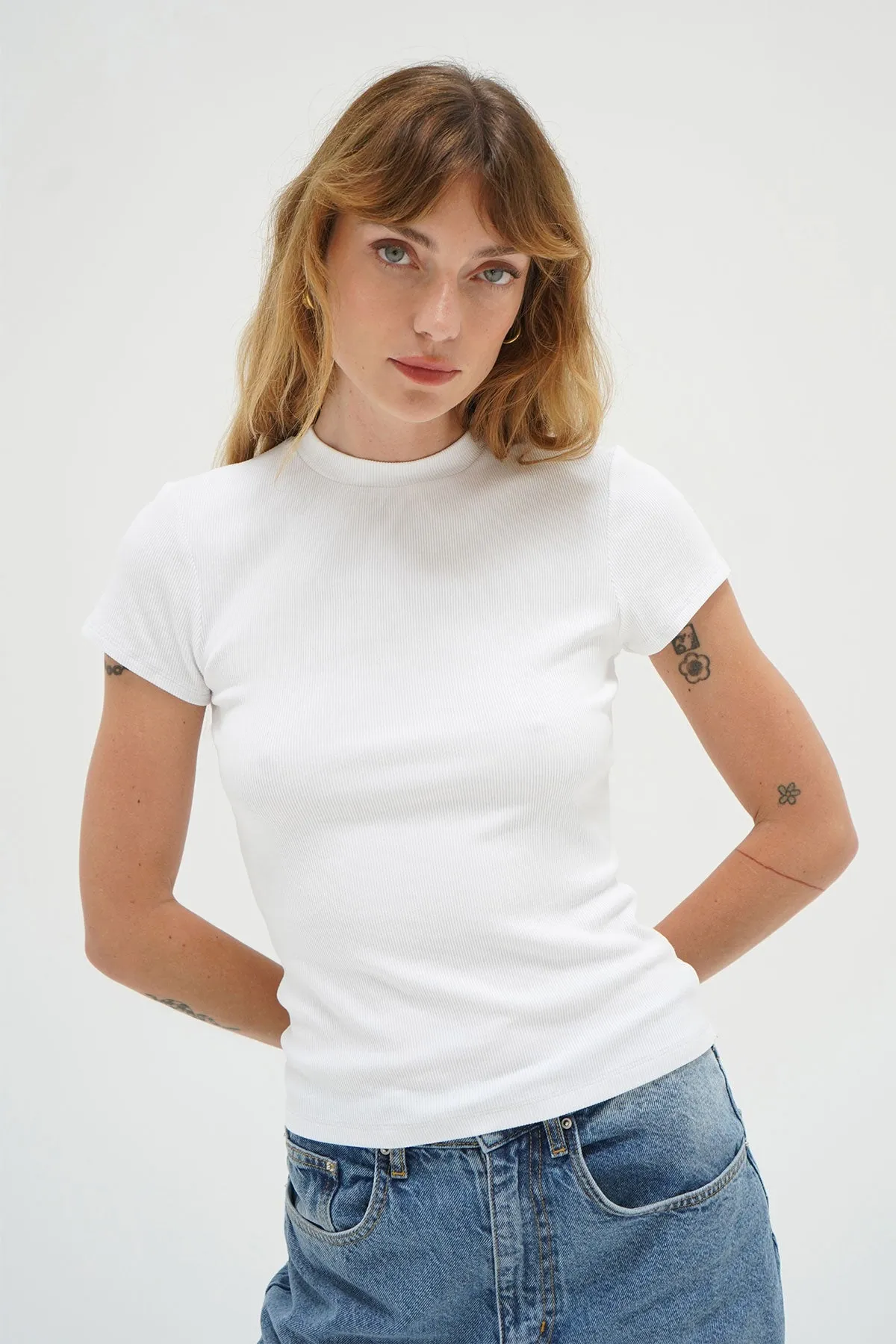 Fitted Ribbed Crew Tee - White Low Environmental Impact Daily Fashion