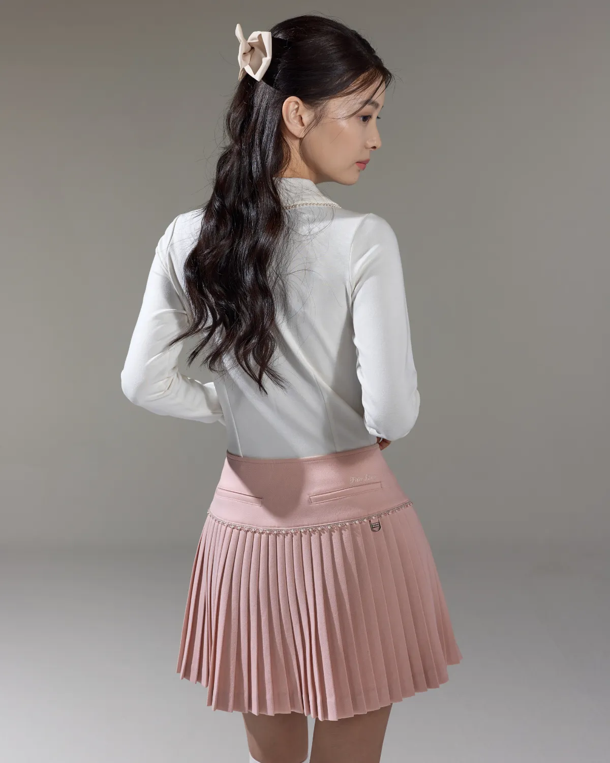 [FL Signature] Pearl & Bead Flare Pleated Skirt - Pink Simple Layer