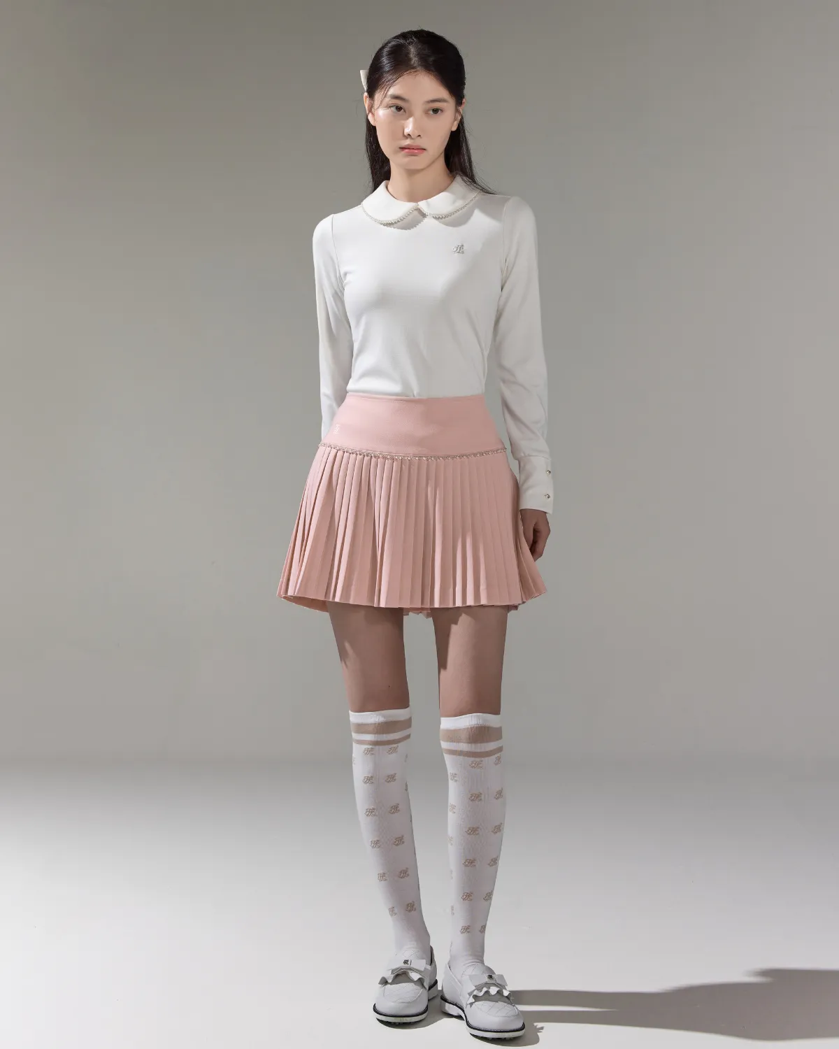 Elegant Flow [FL Signature] Pearl & Bead Flare Pleated Skirt - Pink