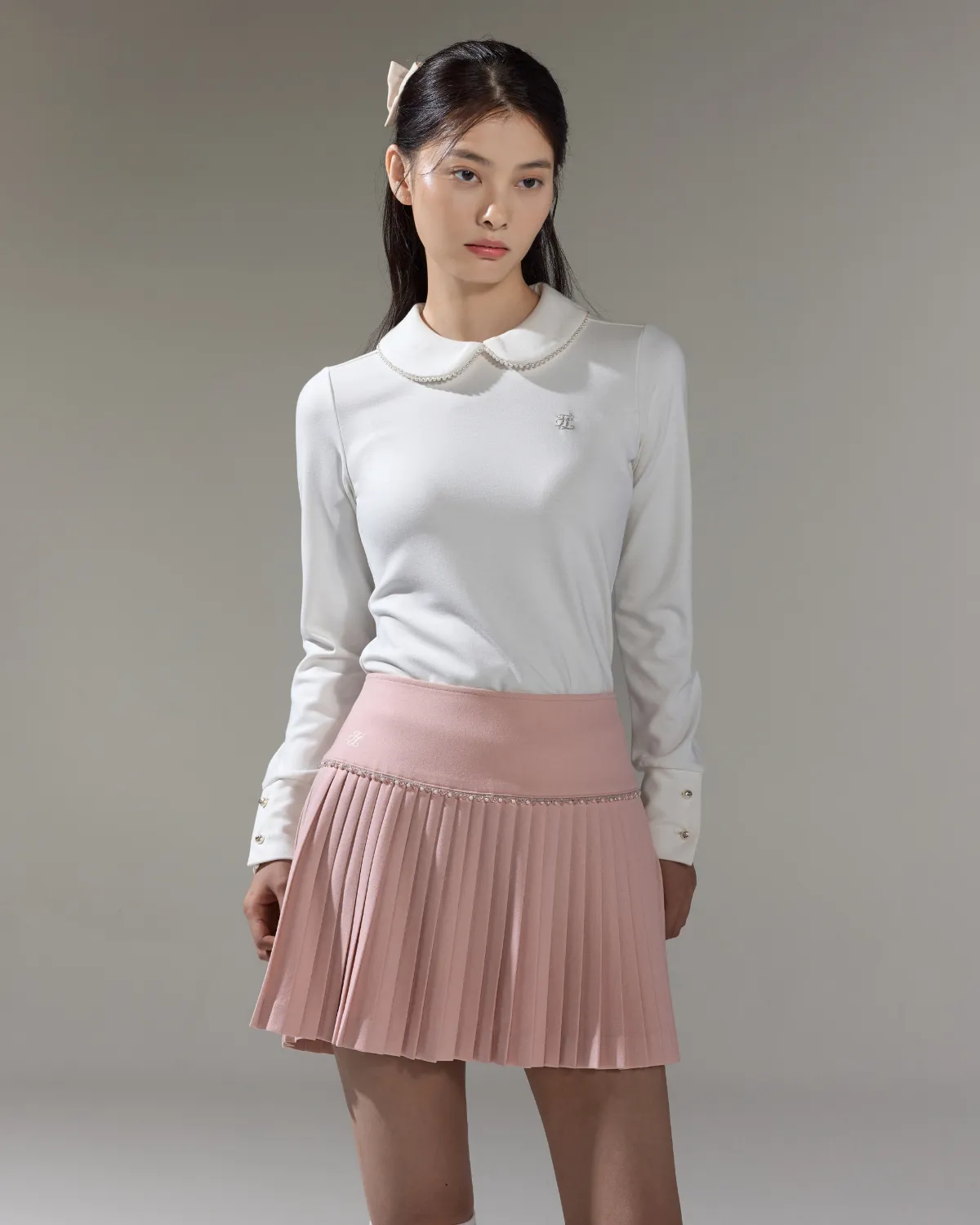 Casual Wear Sleek Detail [FL Signature] Pearl & Bead Flare Pleated Skirt - Pink