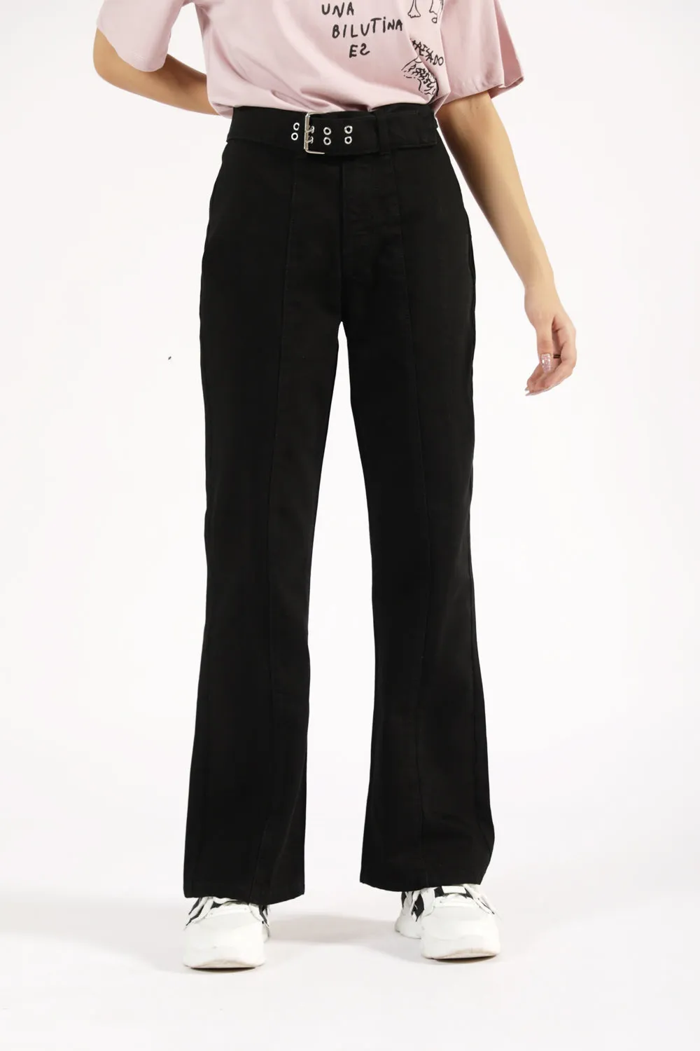 Adjustable Belt Loops FLARED DENIM WITH BELT DETAIL