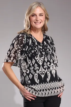 Mini pleat Border print Chiffon Top | Black Ivory Border | 8578A1 Essential Shirt Unique Cut