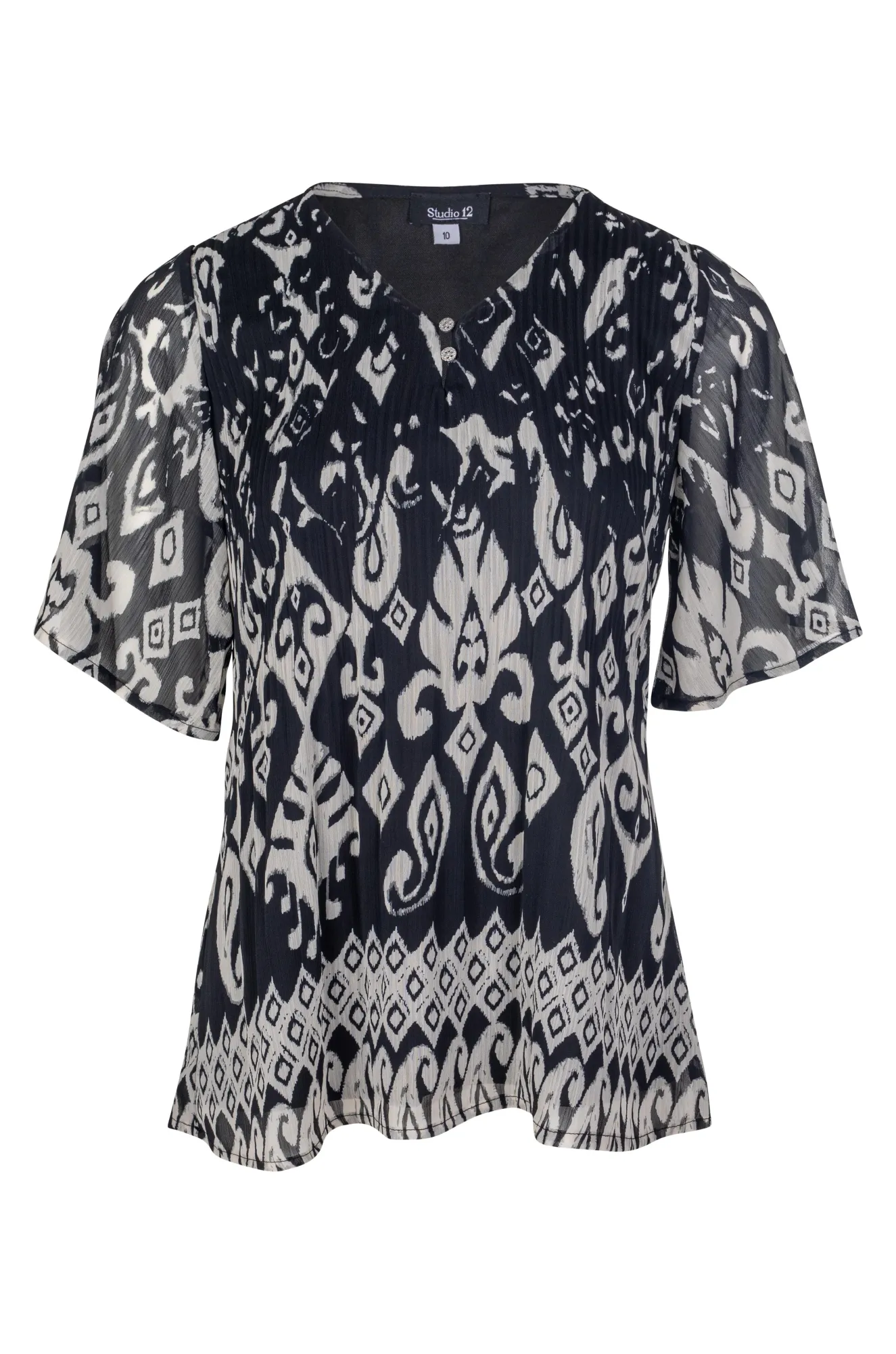 Mini pleat Border print Chiffon Top | Black Ivory Border | 8578A1 World Edge