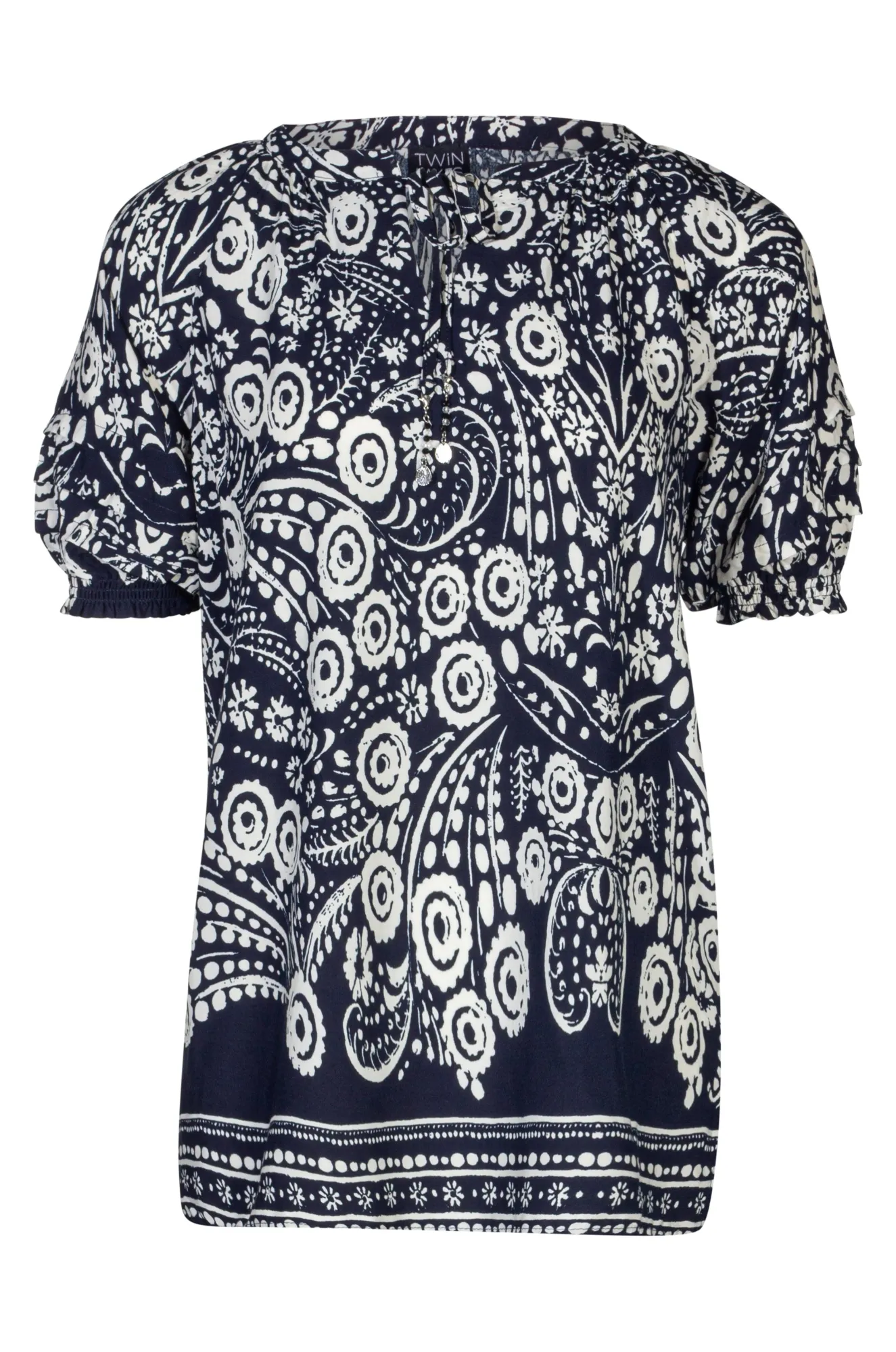 SeamlessPockets Tie neck Top with 1/2 sleeve | Navy Ivory Border | 6321A1