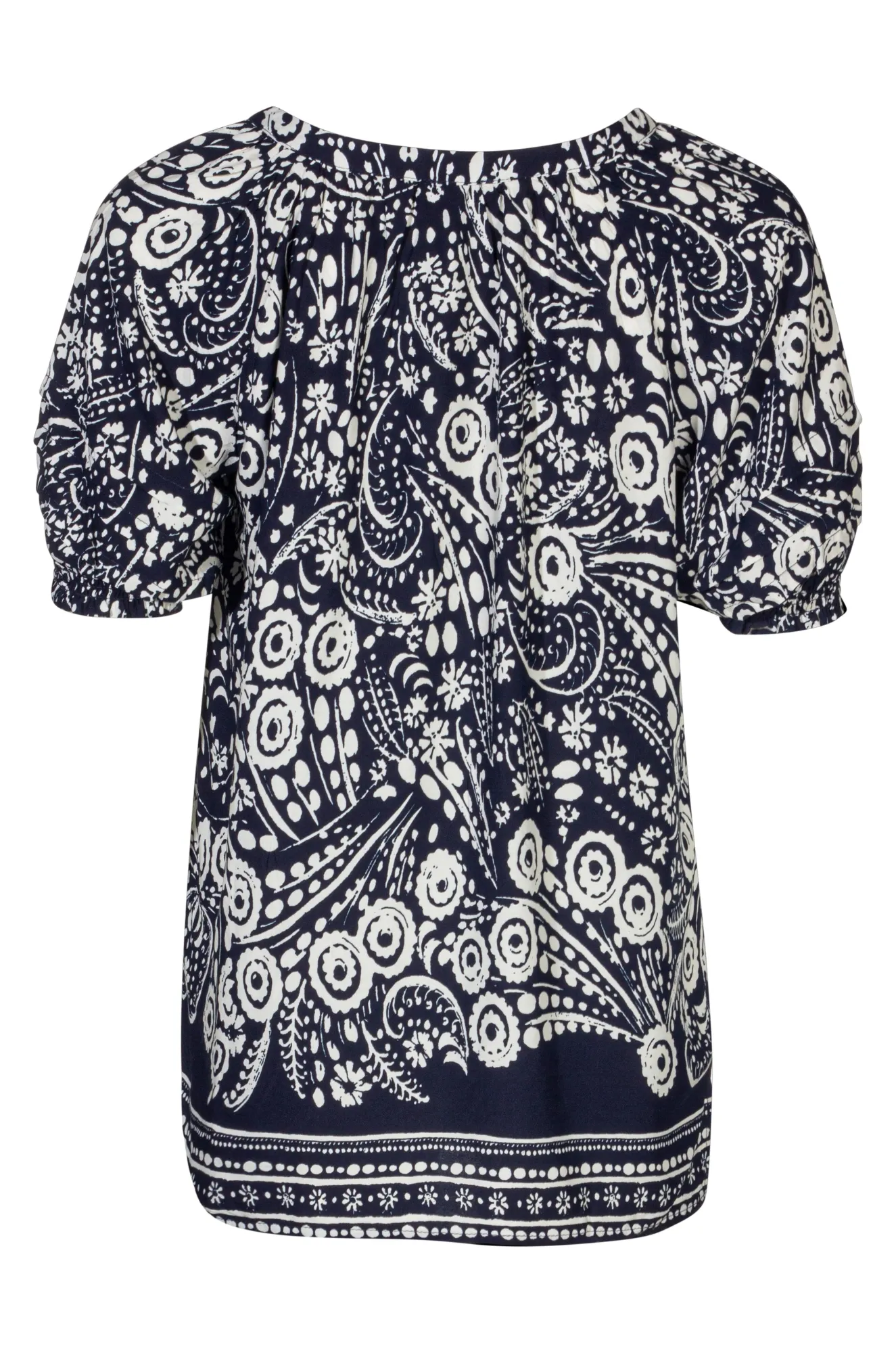 Tie neck Top with 1/2 sleeve | Navy Ivory Border | 6321A1 Casual Look Spanish Glow