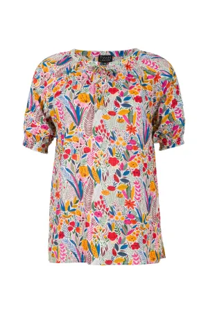 Convertible Style Icon Glow Cotton Rayon Top with puff sleeves | Gold Multi Garden | 6548A1