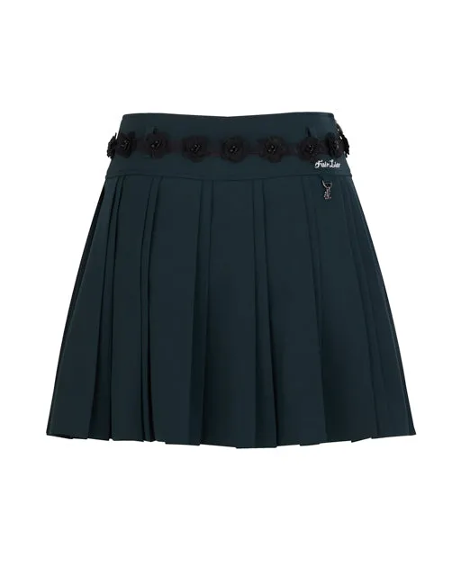 Flower belt set pleated skirt- Dark Green All Day