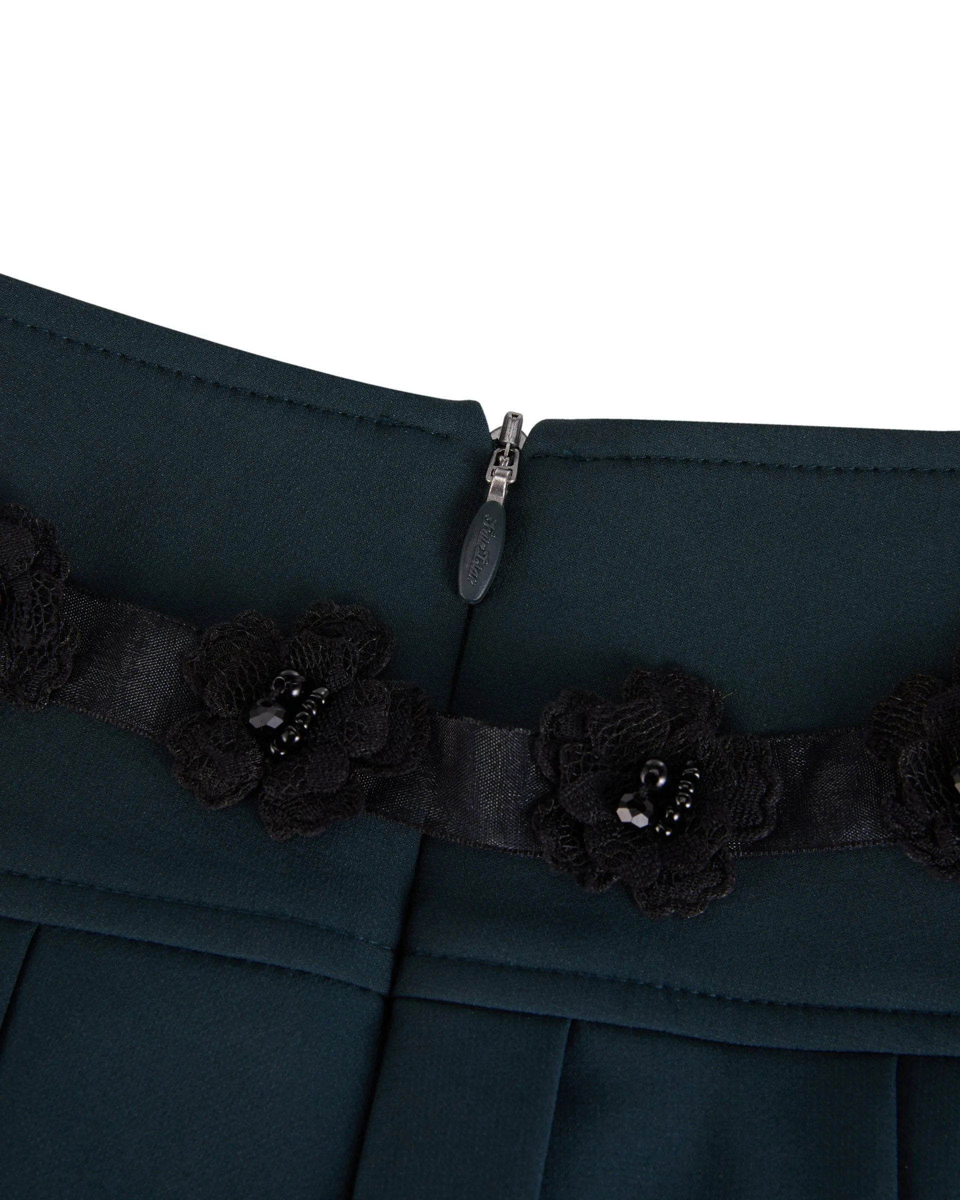Flower belt set pleated skirt- Dark Green Light Outfit