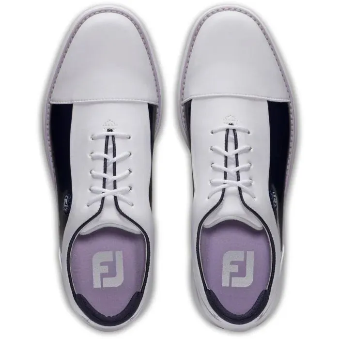 Shock absorption FootJoy 2024 Women's Traditions Golf Shoe- White/Navy/Purple
