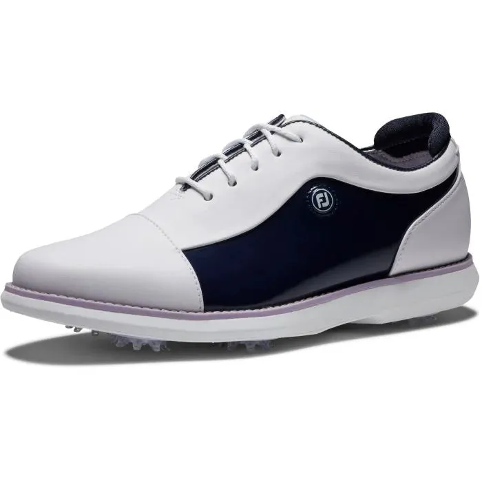 FootJoy 2024 Women's Traditions Golf Shoe- White/Navy/Purple Breathable Material