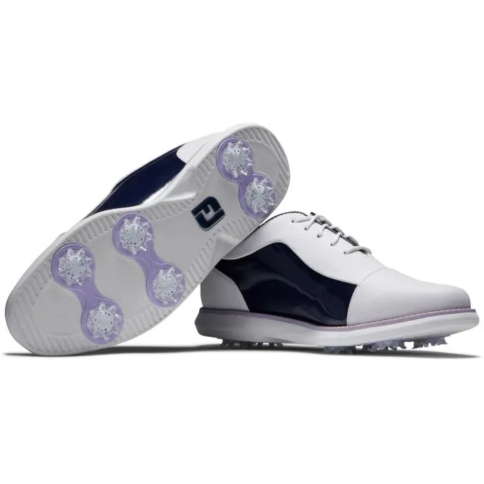 FootJoy 2024 Women's Traditions Golf Shoe- White/Navy/Purple Swift Comfort Comfort Rise