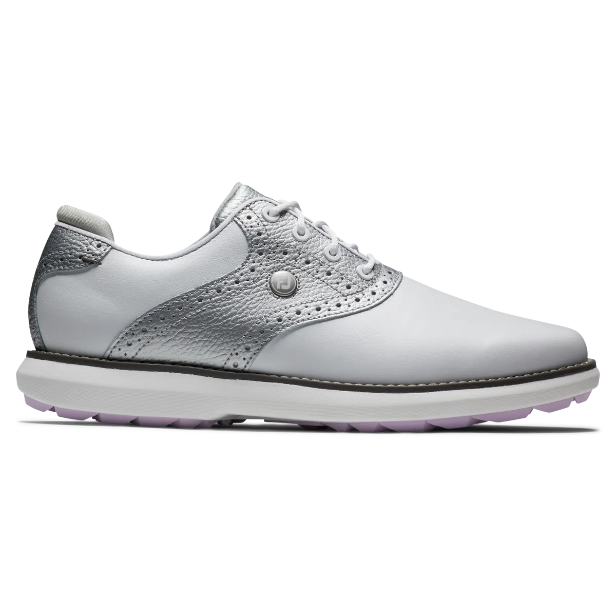 FootJoy Women's Traditions Golf Shoes- White/Silver/Purple Elastic Band Flex Ready