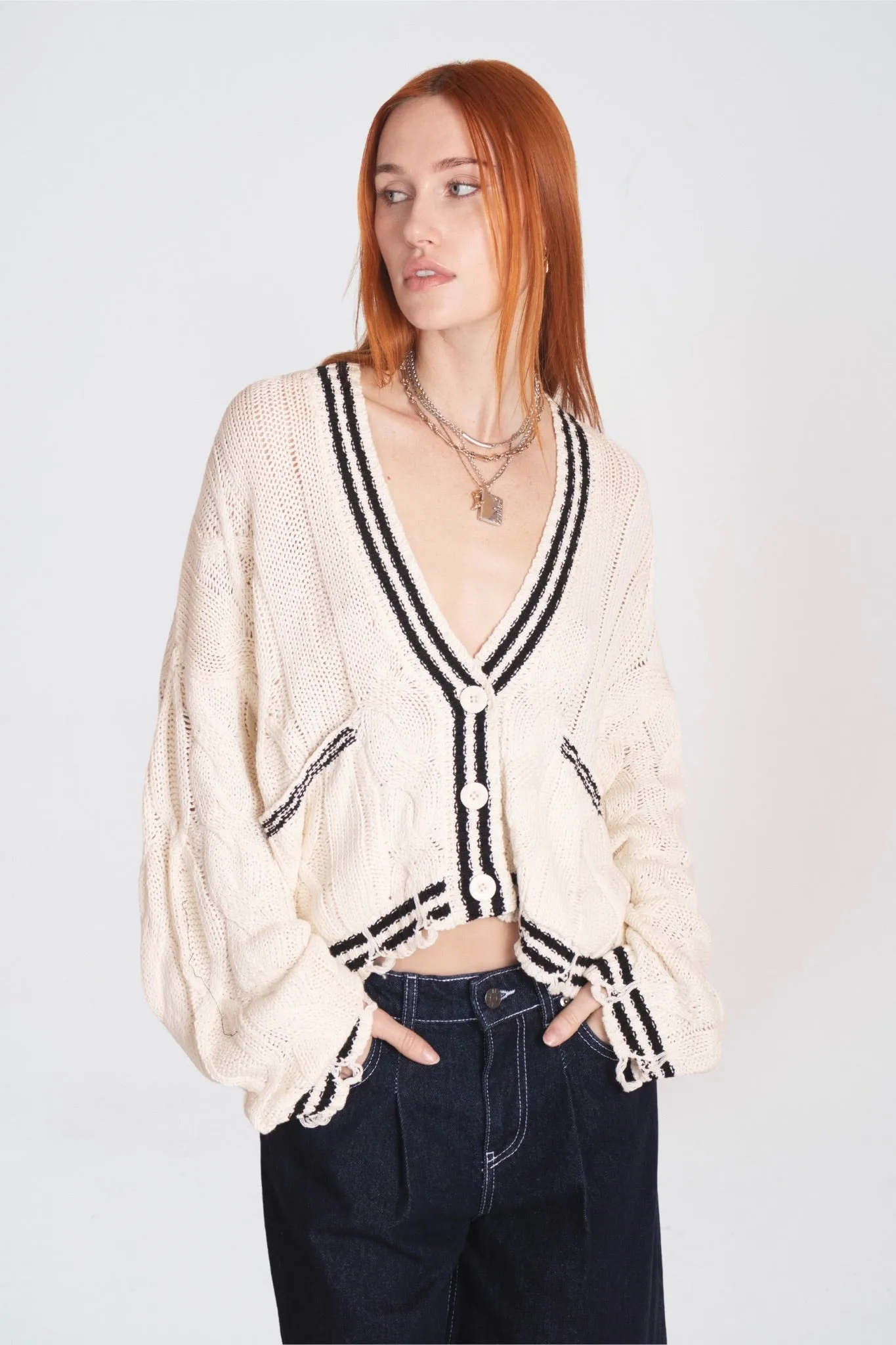 Blast Cable Knit Cardigan Reinforced Edging Bamboo Fiber Composition