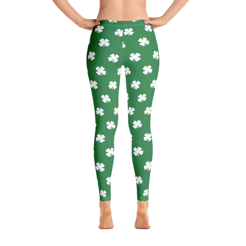 workout wear Four-Leaf Clover (White) Women's All-Over Leggings by ReadyGOLF