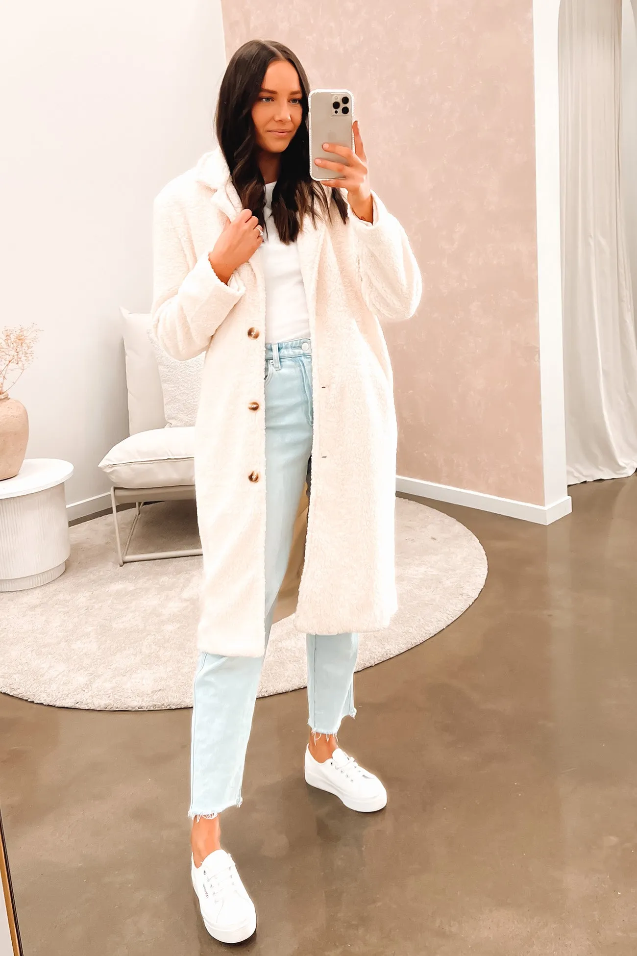 Elastic Binding Reflective Safety Trim Francesca Teddy Coat Vintage White