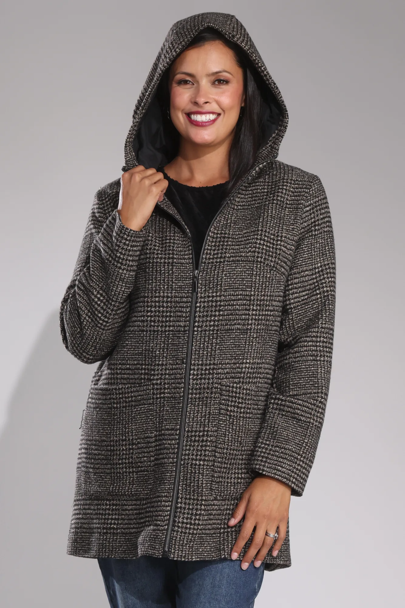 Eco Nice Fully lined Coat with hood | Mocha Black Check | 8014B1
