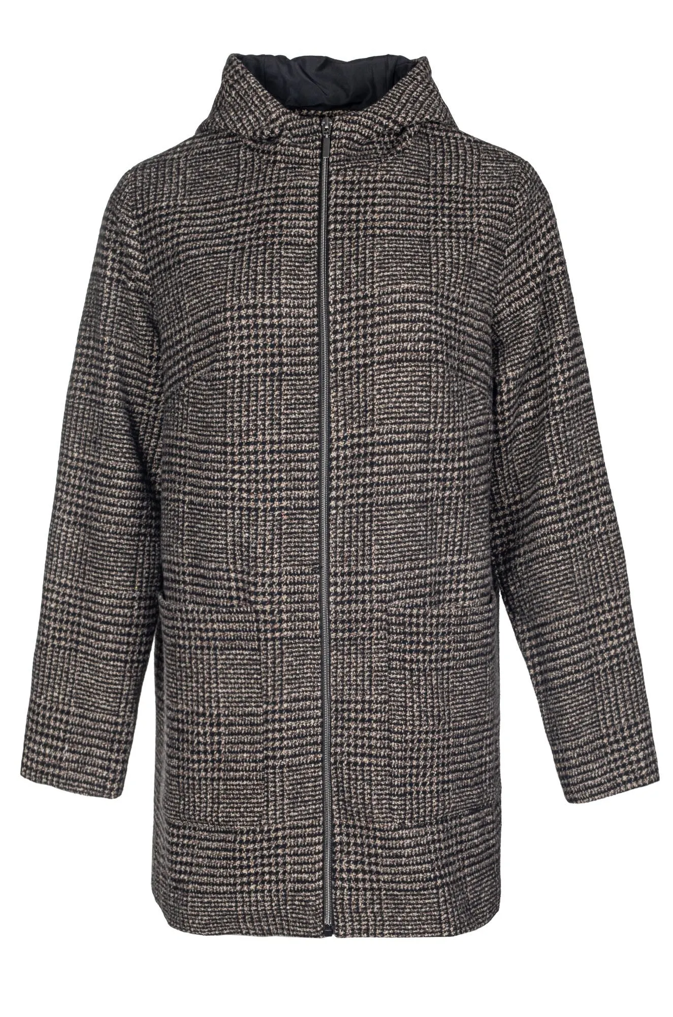 Stretch Fit Fully lined Coat with hood | Mocha Black Check | 8014B1