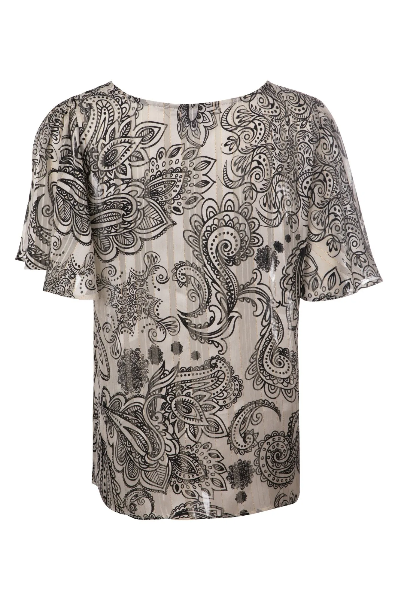DoubleStitchReinforcement Printed Ribbon Chiffon Top | BLACK WHITE PAISLEY | 7121A1