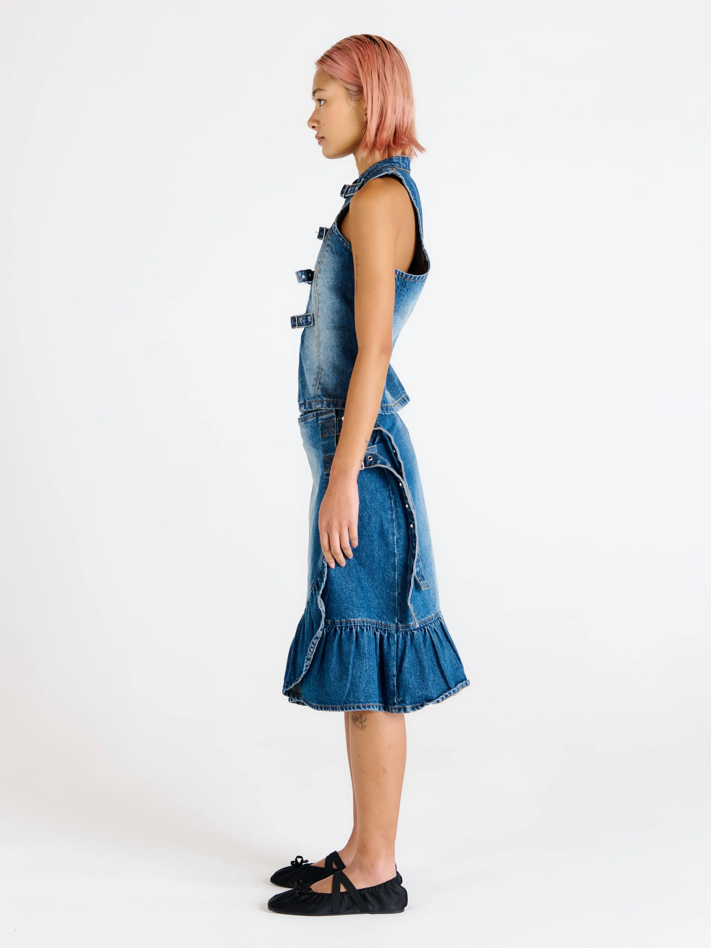 Recycled Polyester Outfit Focus Gail Buckle Denim Wrap Skirt