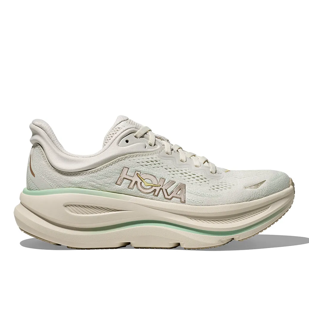 Womens Hoka Bondi 9 in Truffle Salt/Sea Glass leather upper shoes cold - weather - runner