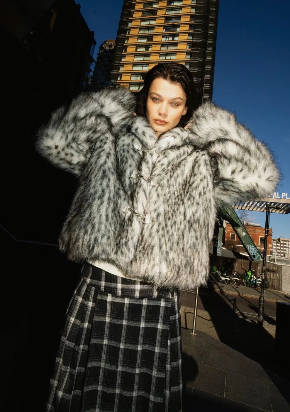 Slim Silhouette AdjustableHood Julia Arctic White Faux Fur Coat