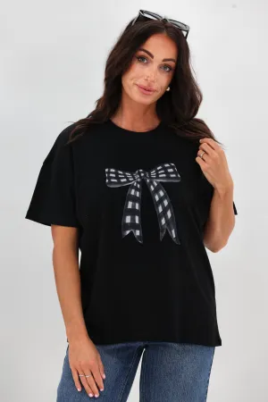 Gloss The Label Berlei Bow Print Tee Black Flattering Shape Luxury clothing